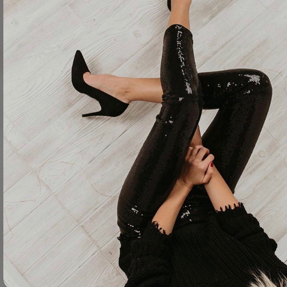 Black Metallic Sparkle Pencil Sequin Leggings